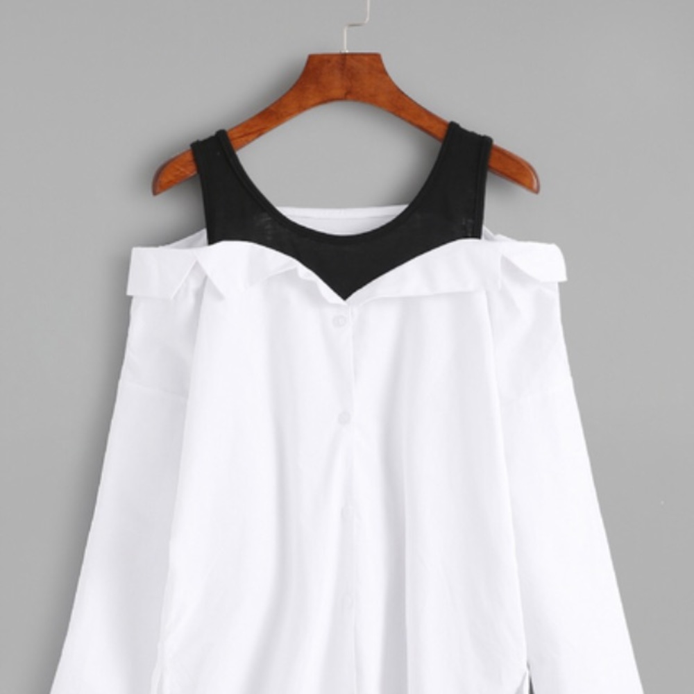 White black fold over cold shoulder blouse