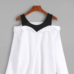White black fold over cold shoulder blouse