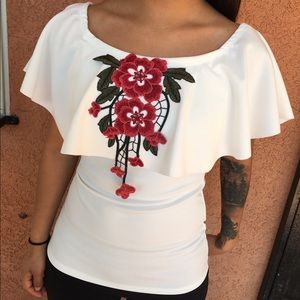 White rose shoulder less shirt