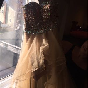 Sequin top gold half long half short prom dress