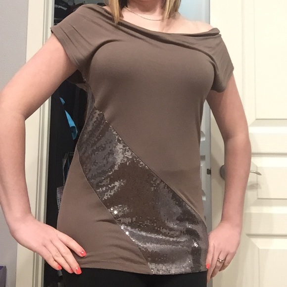 Brown sequin long, off the shoulder top - Picture 1 of 3