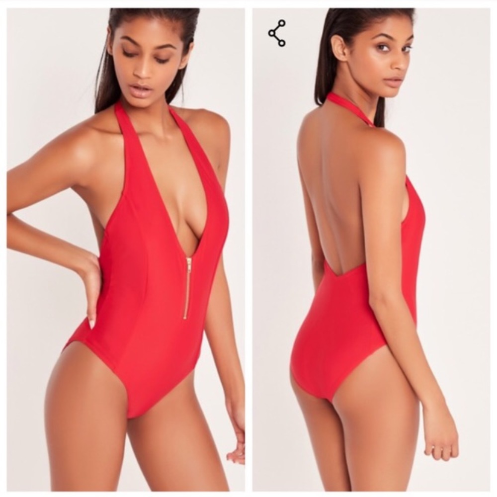 Missguided Red Plunge One Piece Swimsuit Bodysuit