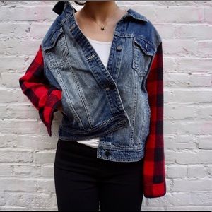 Denim jacket with checked pattern sleeves