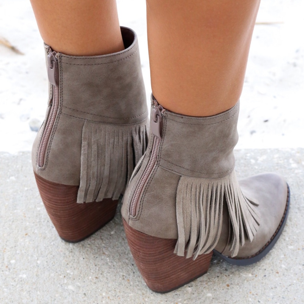 Taupe Fringe Boho Chic Ankle Booties - Picture 2 of 8