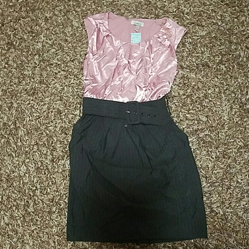 Pink Satin/Gray Pin Stripe Dress w/Belt