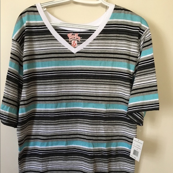 Blue Gear Striped Short Sleeve V-Neck Cotton Tee - Picture 1 of 2