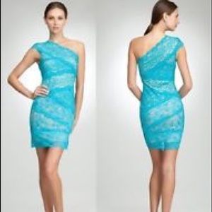 BEBE one shoulder blue lace dress