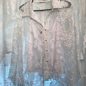 Gorgeous Sheer Embroidered White Blouse sz XL