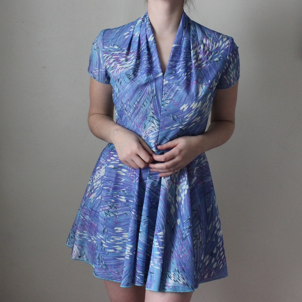 Vintage Upcycled Blue Watercolor Skater Dress