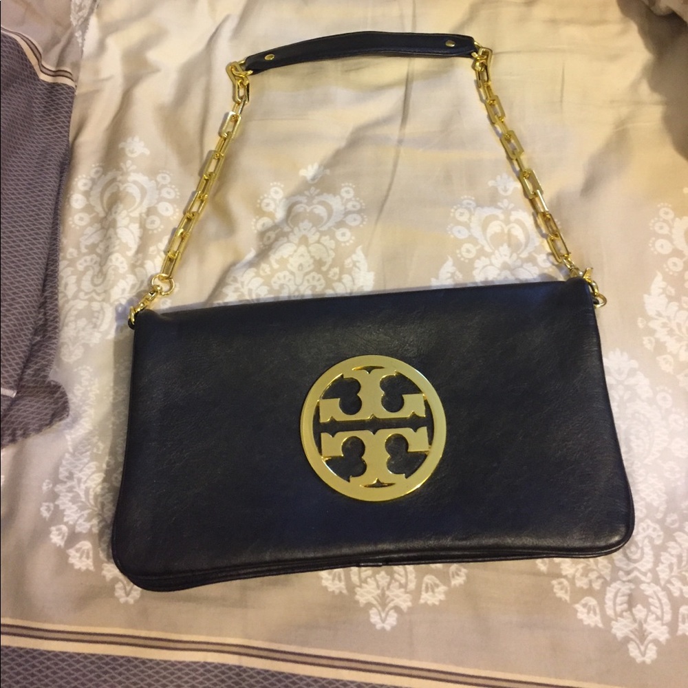 Tory burch black leather handbag clutch