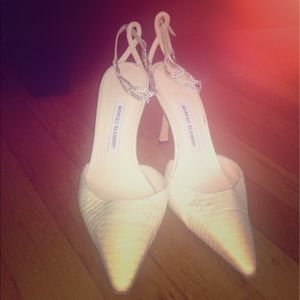 Manolo Blahnik snakeskin with rhinestone anklet.