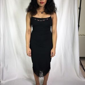 90s Black dress rose embroidered fringe small rave