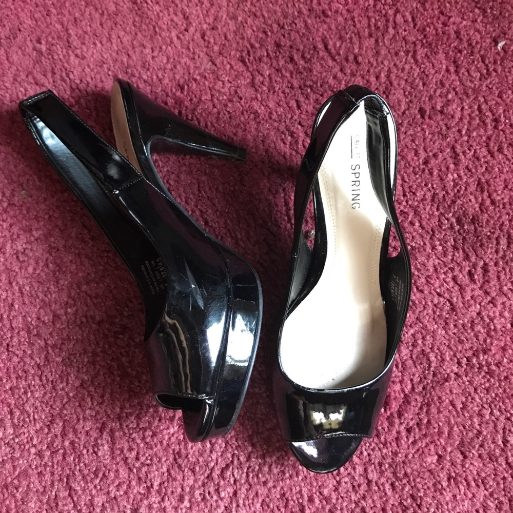 Open toe sling back patent heels