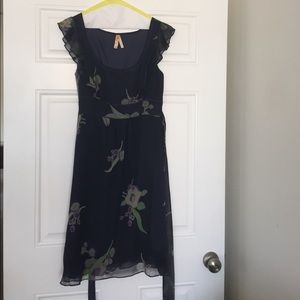 Maeve Anthropologie Navy Blue dress with flowers.