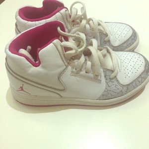 Size 12 little girls white/hot pink Jordan's