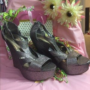 Sparkly silver multi-colored platform wedges