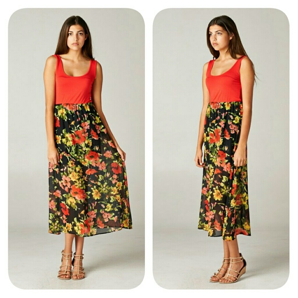 Coral black floral maxi tank dress 1 Small available