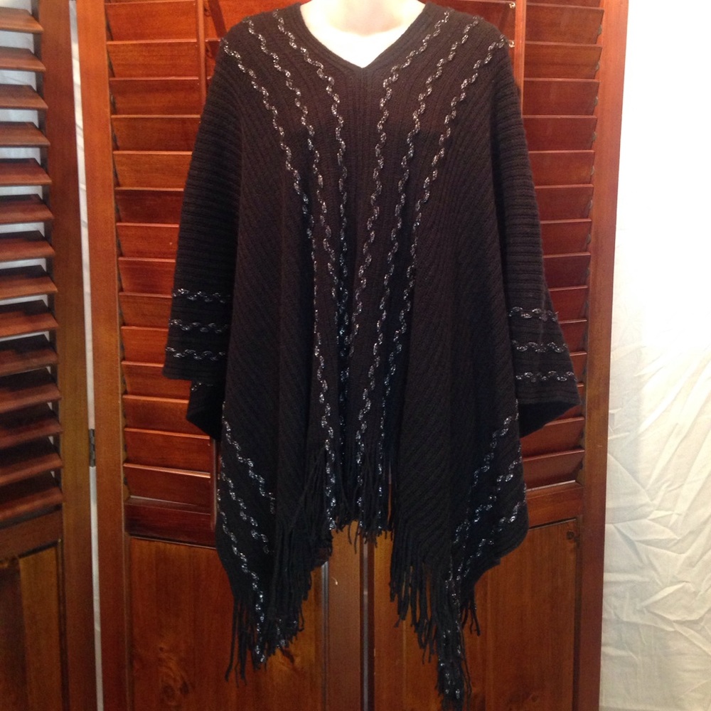 Black embroidered fringed poncho