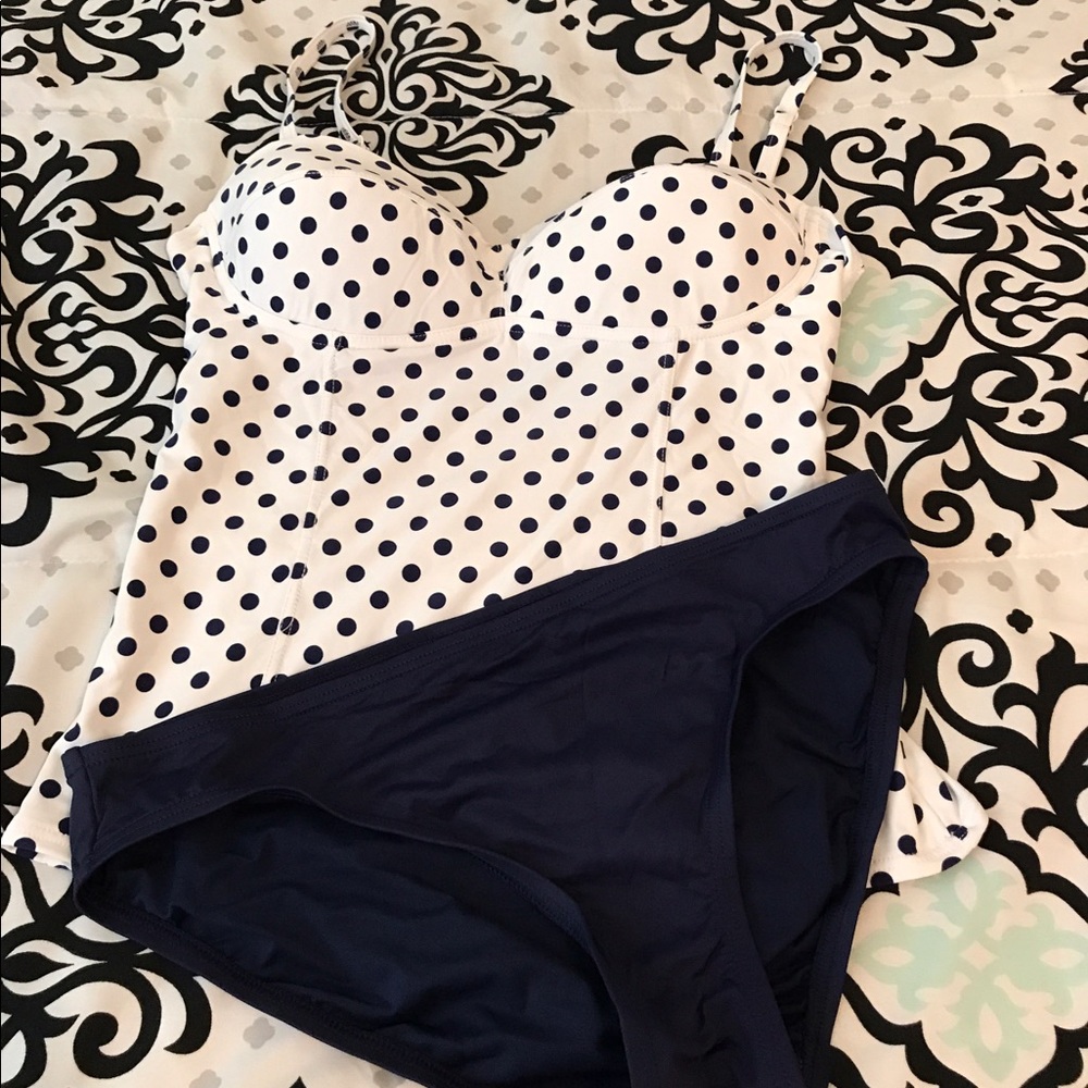 Tankini polka dot  top blue bikini bottom