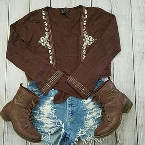 Central Park West front tie crop sweater