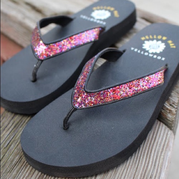 yellow box glitter flip flops