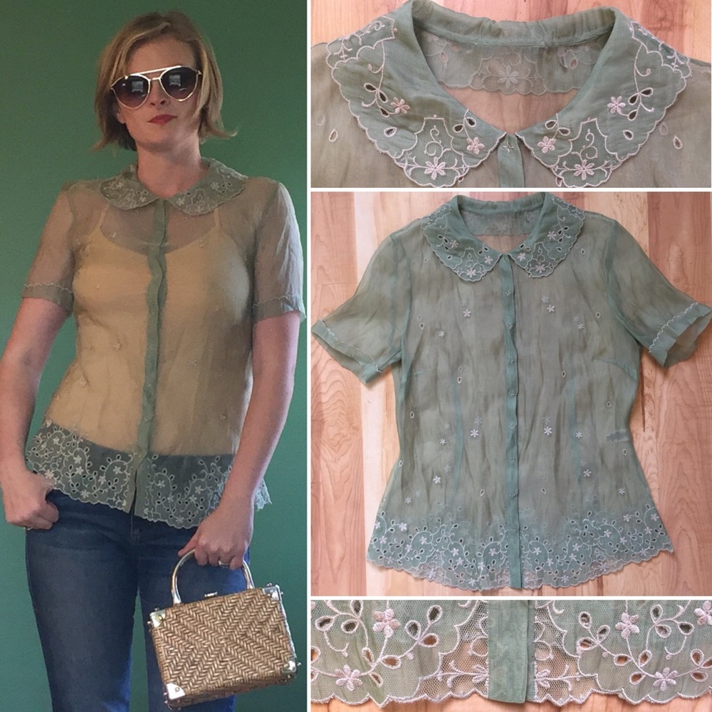 Vintage Inspired Green Silk Lace Blouse Size S/M