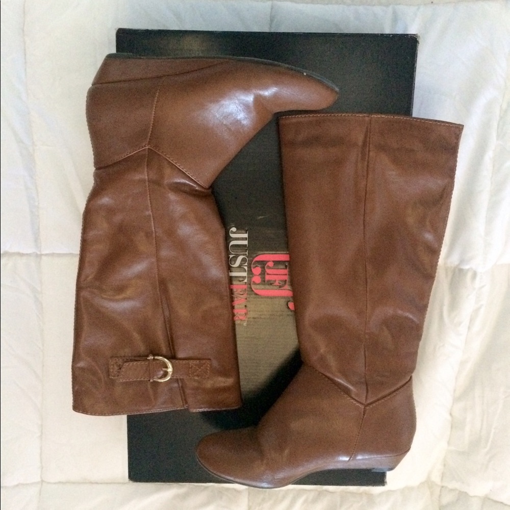 JustFab cognac faux leather wedge boots