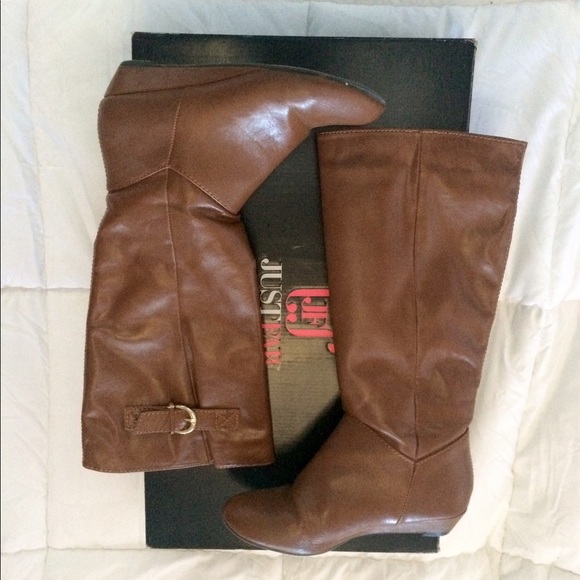 JustFab Shoes - JustFab cognac faux leather wedge boots