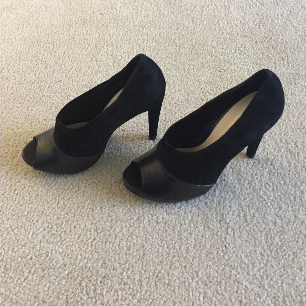 4 1/2 inch black heels, suede and faux leather