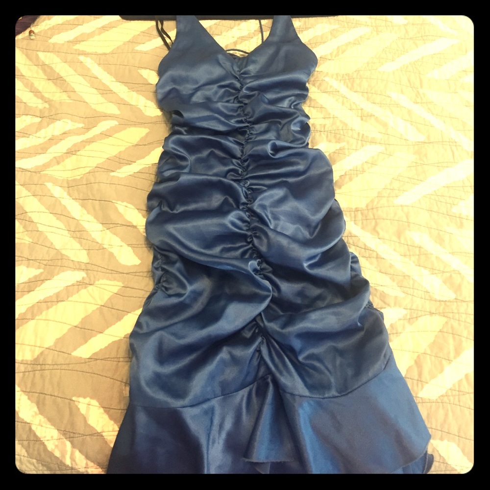 Cadet blue ruched and ruffled Caché cocktail dress