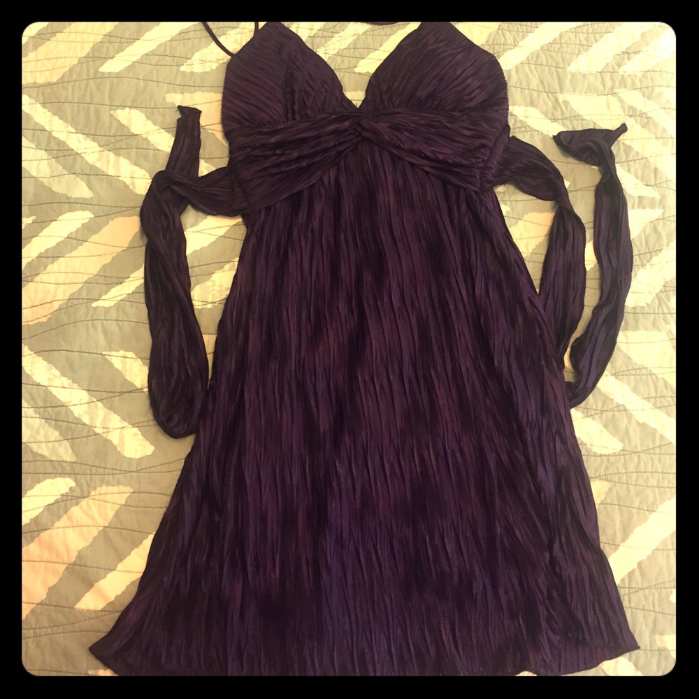 Satiny purple pleated A-line cocktail dress in S
