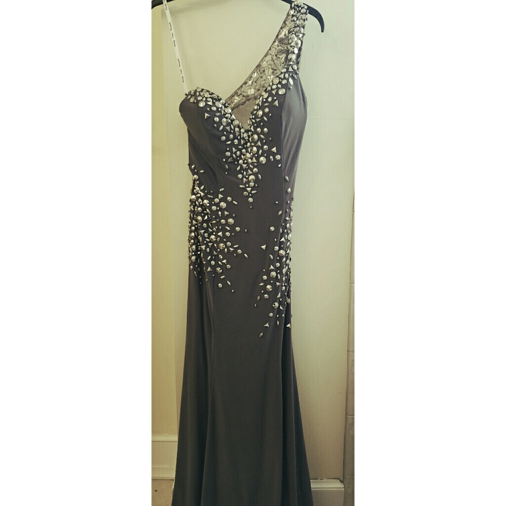 Jeweled dark grey prom dress