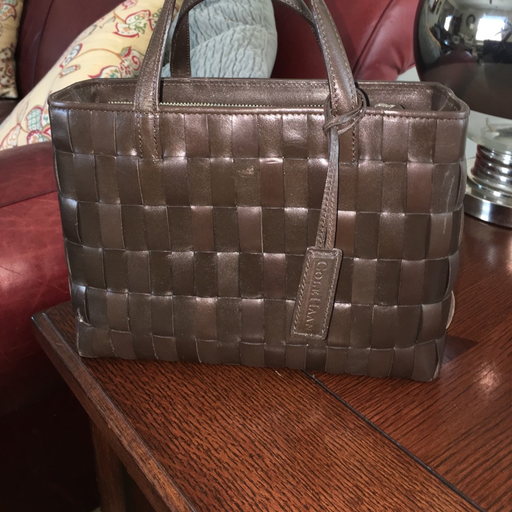 Cole Haan woven chocolate brown leather handbag