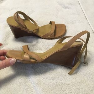 Tan, wooden wedge heel strappy sandal