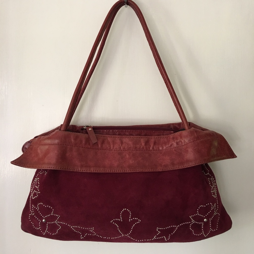 Studded Crimson Red Italian Leather Bag / Purse