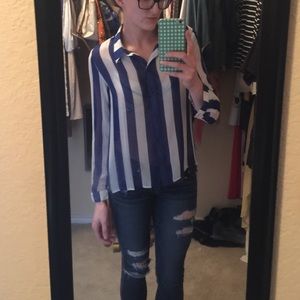Long sleeve blue and white sheer top