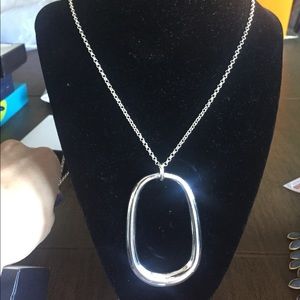Long silver geometric necklace 32"
