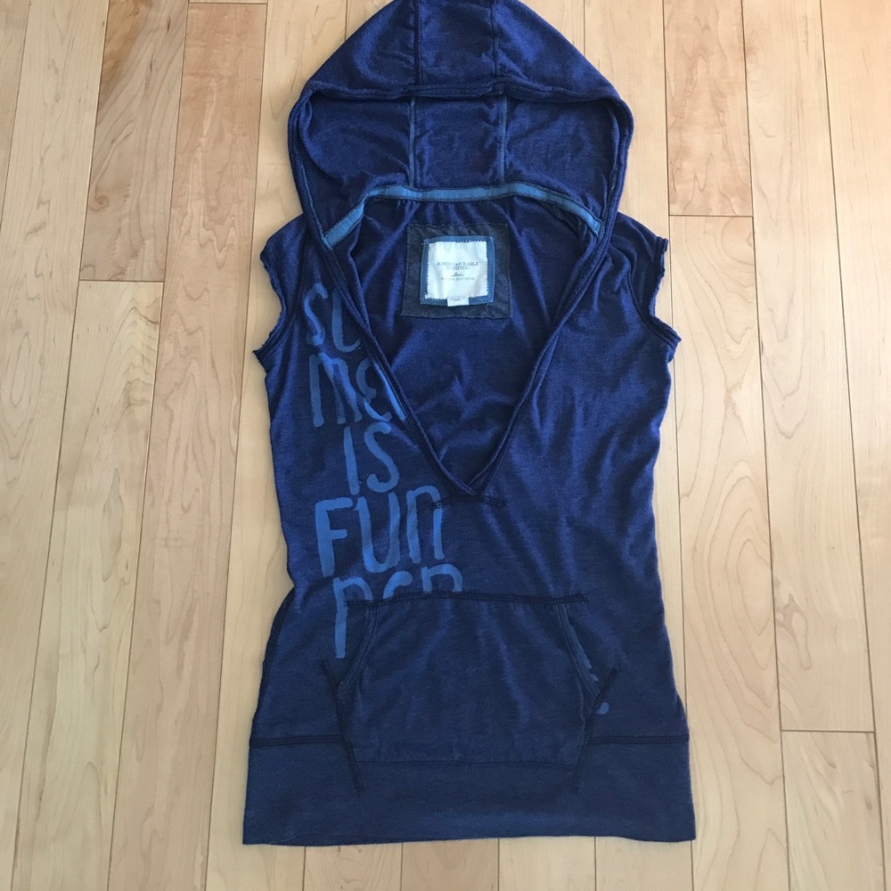 AE blue hooded low V neck t-shirt