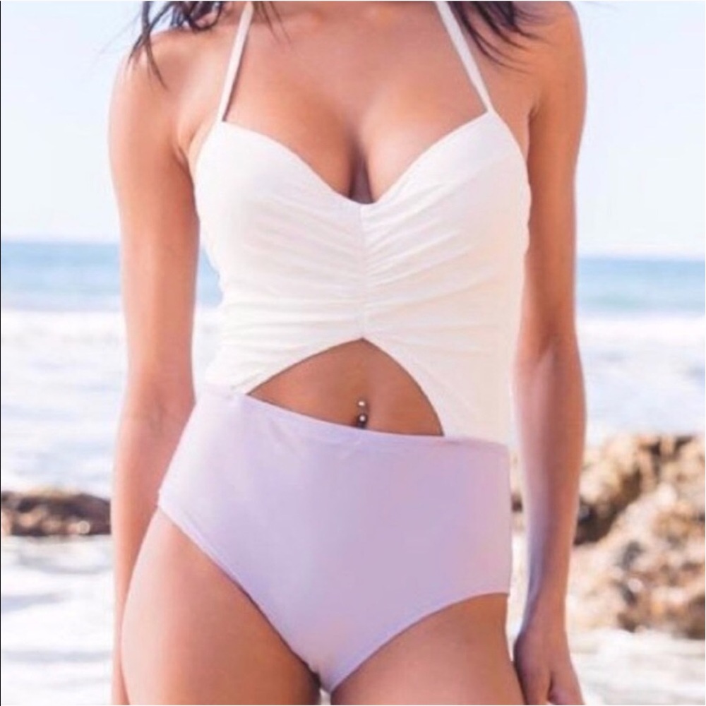 Purple/white color block cutout one piece swimsuit