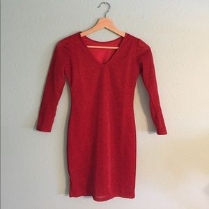 Red sparkly tight long sleeve v neck dress