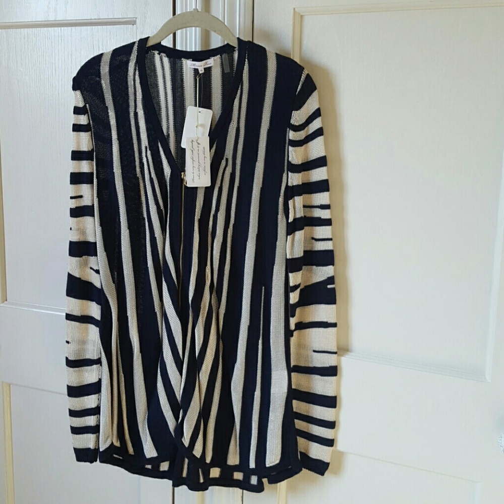 Minnie Rose Navy/Platinum Striped Zip up Cardigan