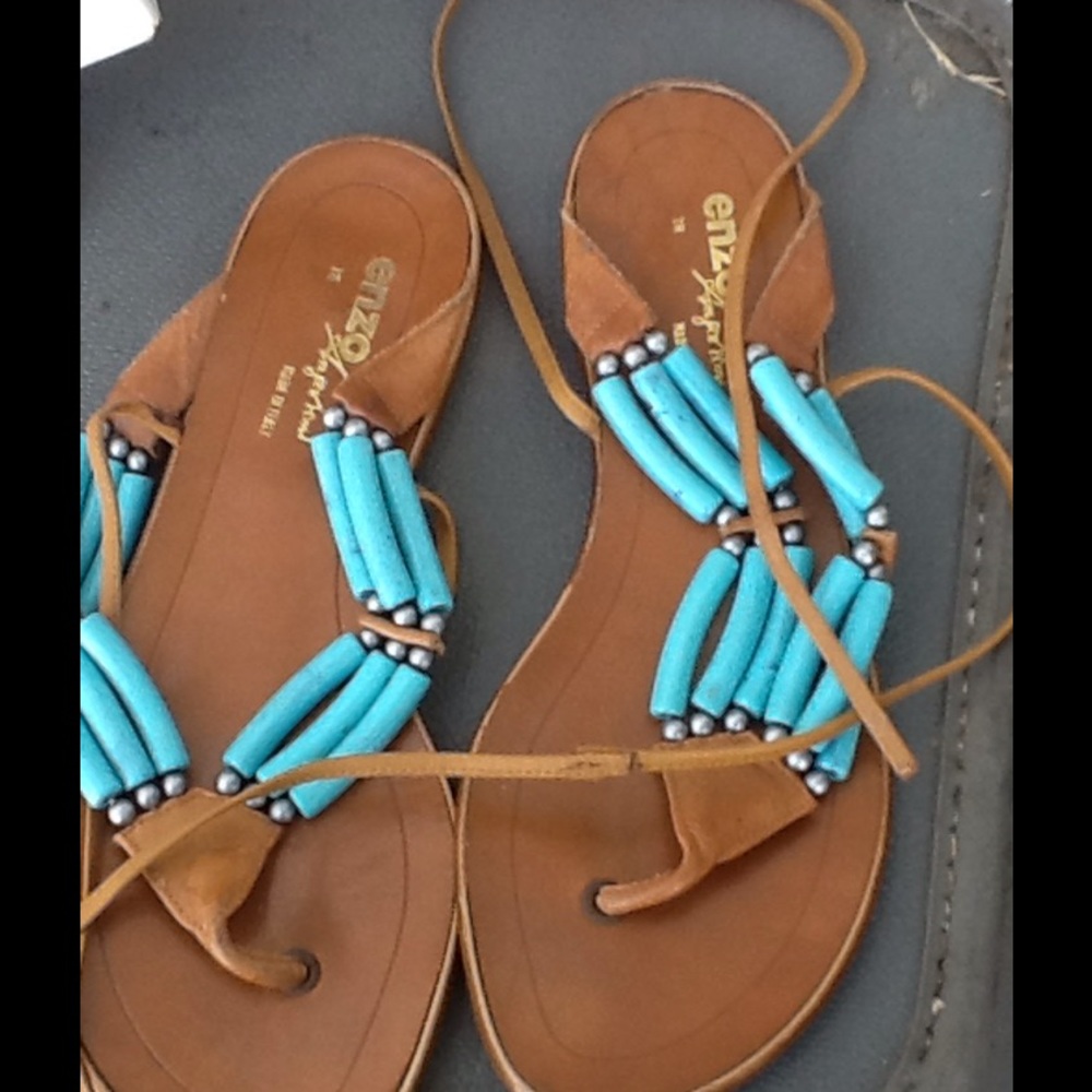 Vtg Ankle Tie Turquoise Bead Sandals