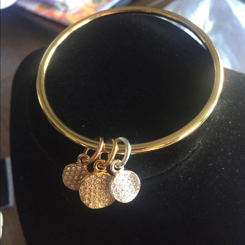 Gold bangle w/silver gold & rose gold pave discs