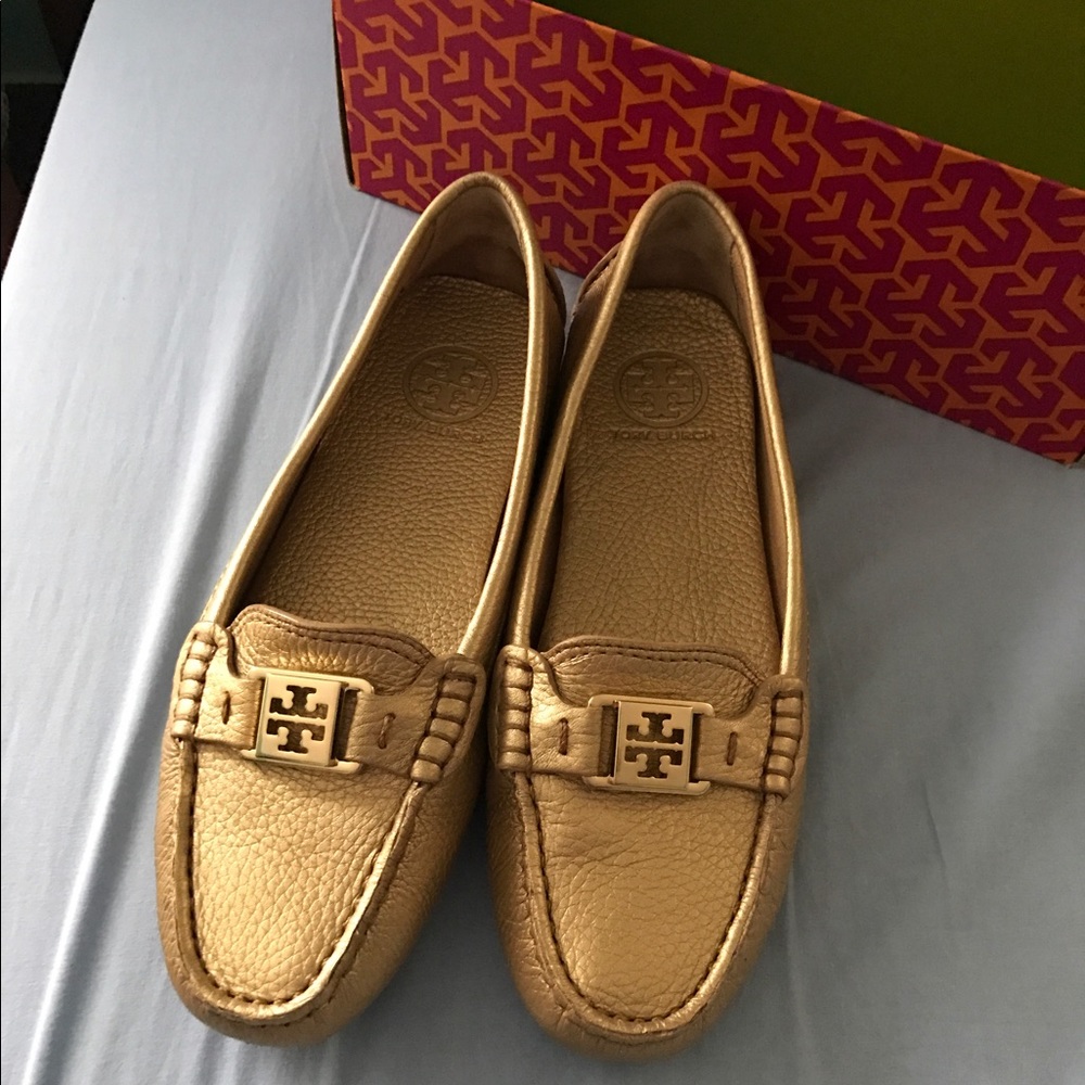 Tory Burch gold driving moccasins