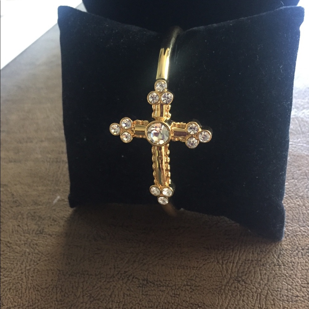 Gold cross bangle with crystals