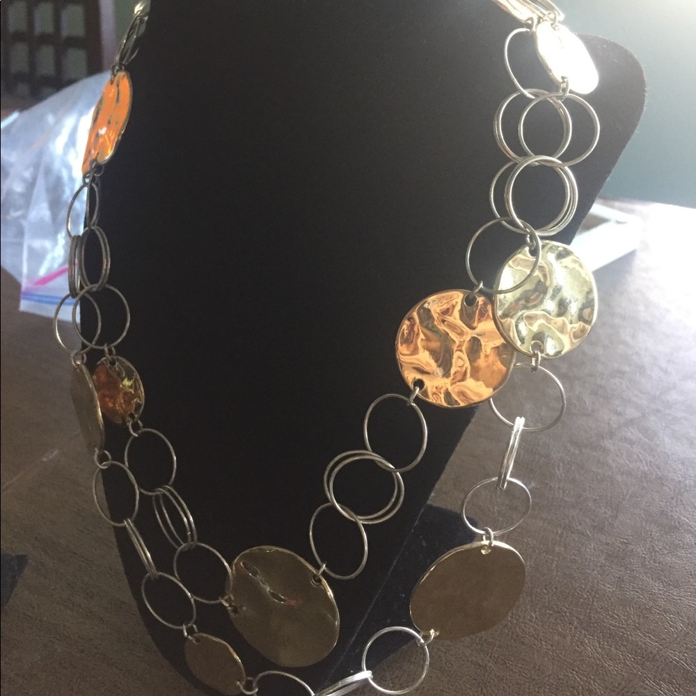 32" long Silver link & gold medallion necklace