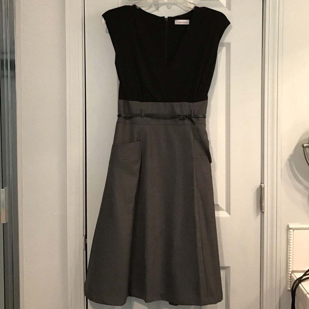 Calvin Klein Black & Gray Belted Dress