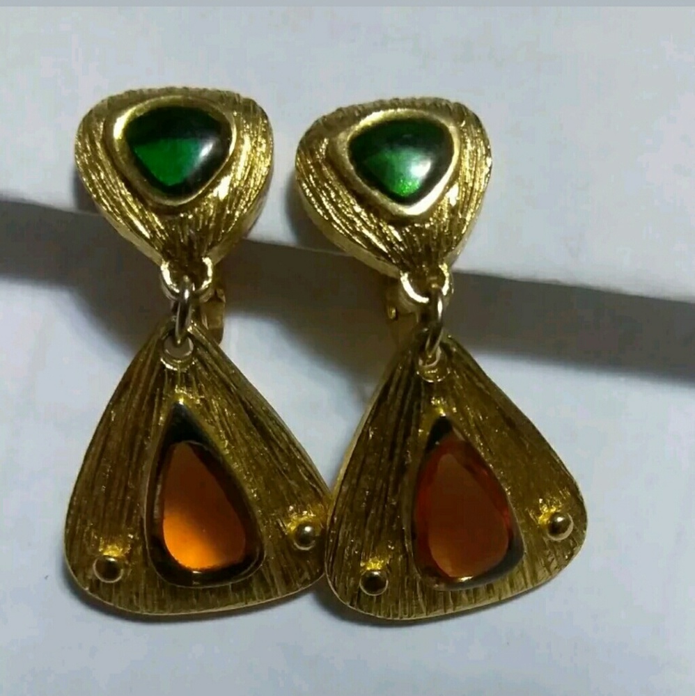 Crown Trifari gold, green & amber clip on earrings