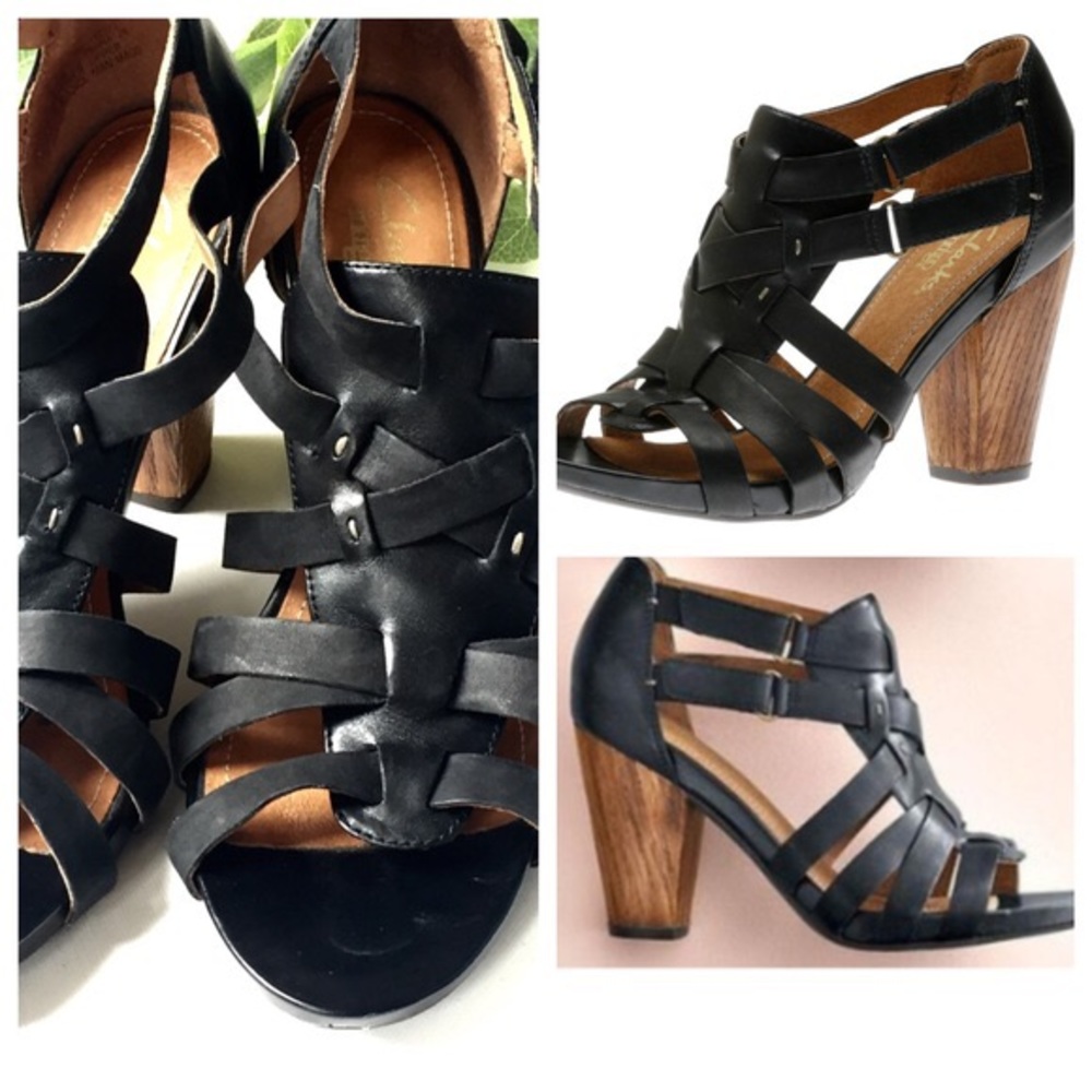 Clarks Indigo Rosa Hyde Wood heels sandals