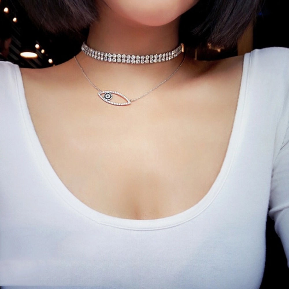 🆕 Rhinestones Choker Necklace - Two Rows - Silver